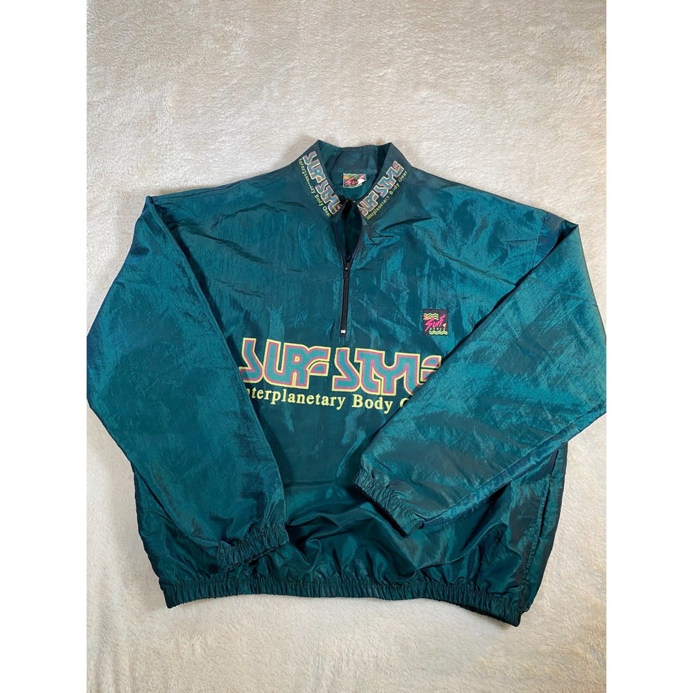 Vintage Surf Style 1/4 Zip Windbreaker Pullover One Size Green